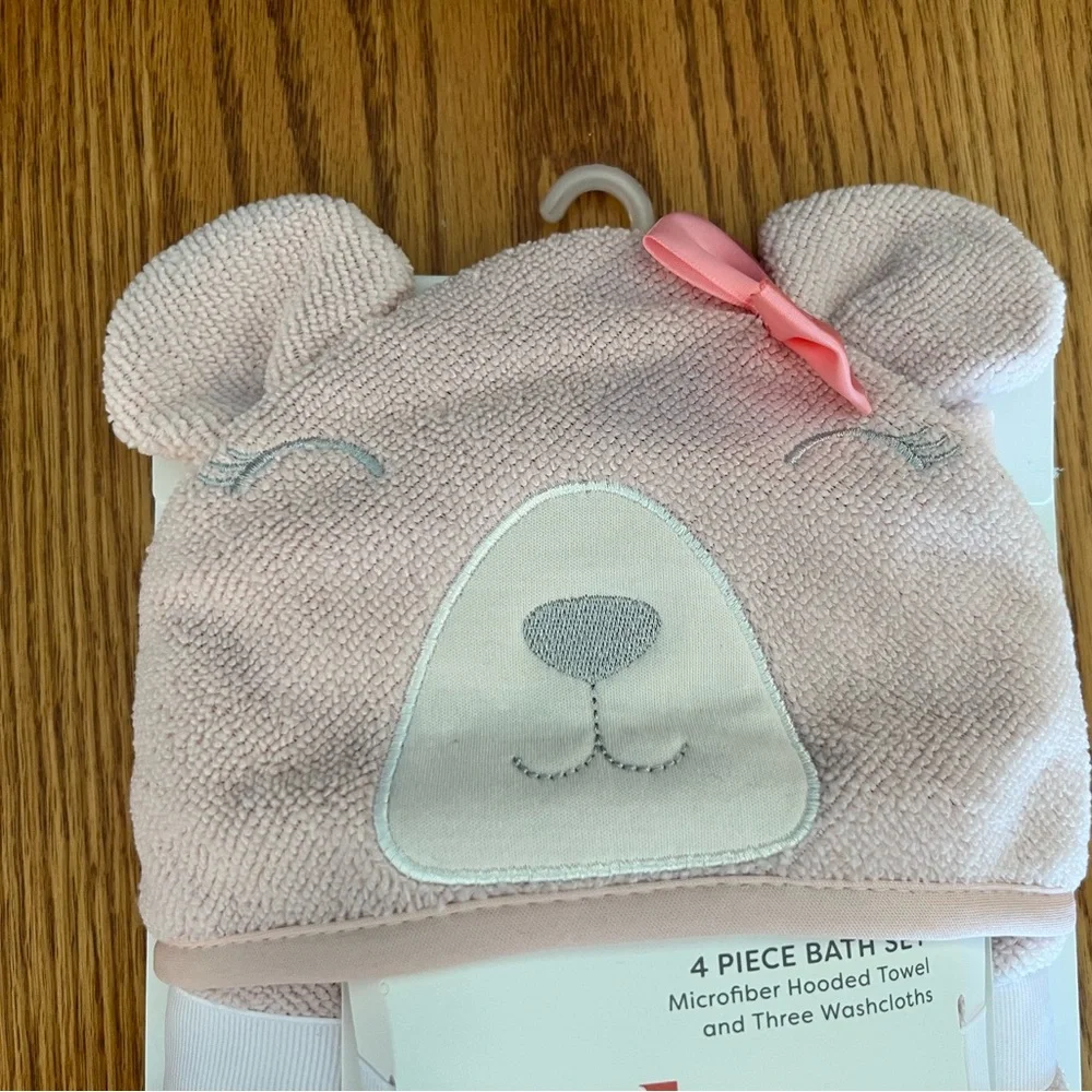 Baby Gear Pink Bear Hooded Towel & Washcloth Set